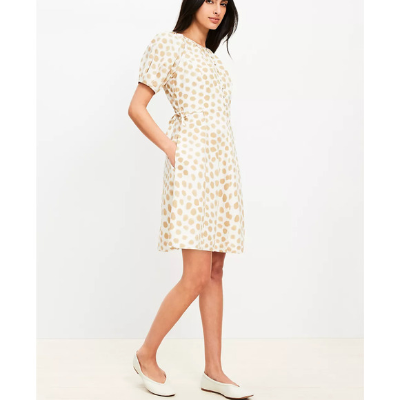 Ann Taylor Loft Dotted Side Tie Mini Pocket Dress Beige Glow‎ Size 8 NWT - Picture 2 of 6